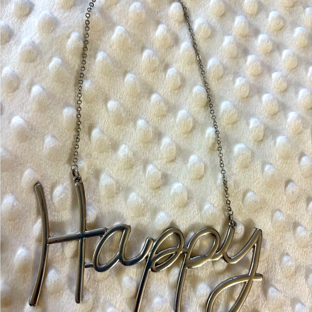 WhimsiGoth Vintage 90s Silver Script "Happy" Nameplate Carrie Necklace  Y2K - Picture 2 of 5